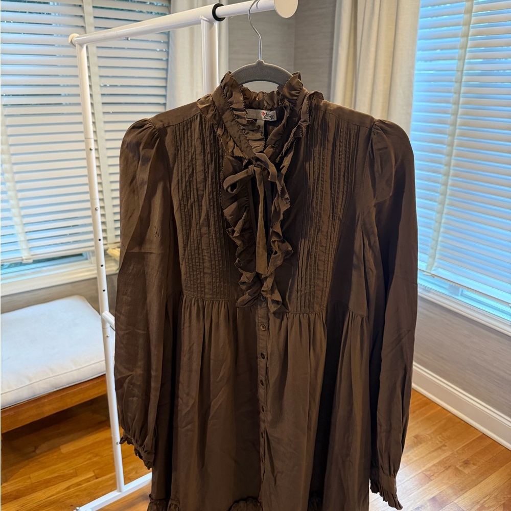 Joie Brown Ruffled Long Sleeve Dress